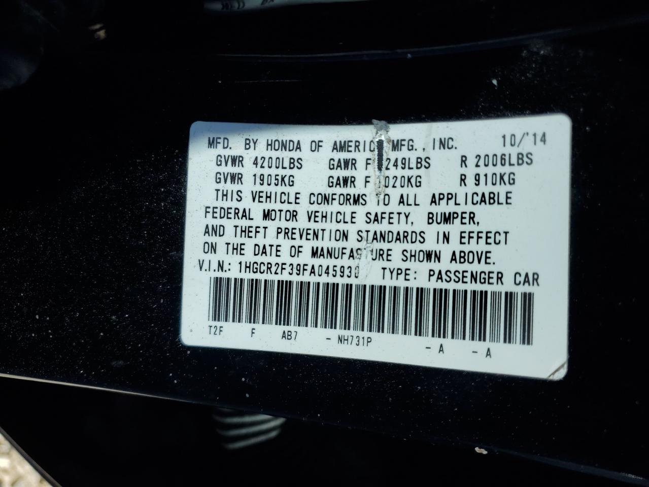 1HGCR2F39FA045930 2015 Honda Accord Lx