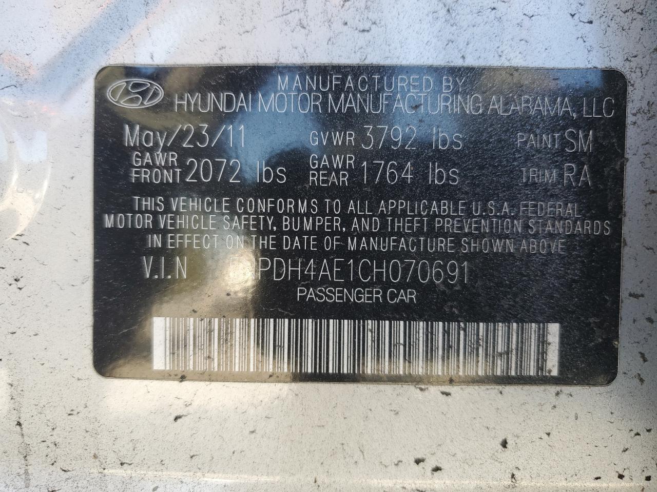 5NPDH4AE1CH070691 2012 Hyundai Elantra Gls