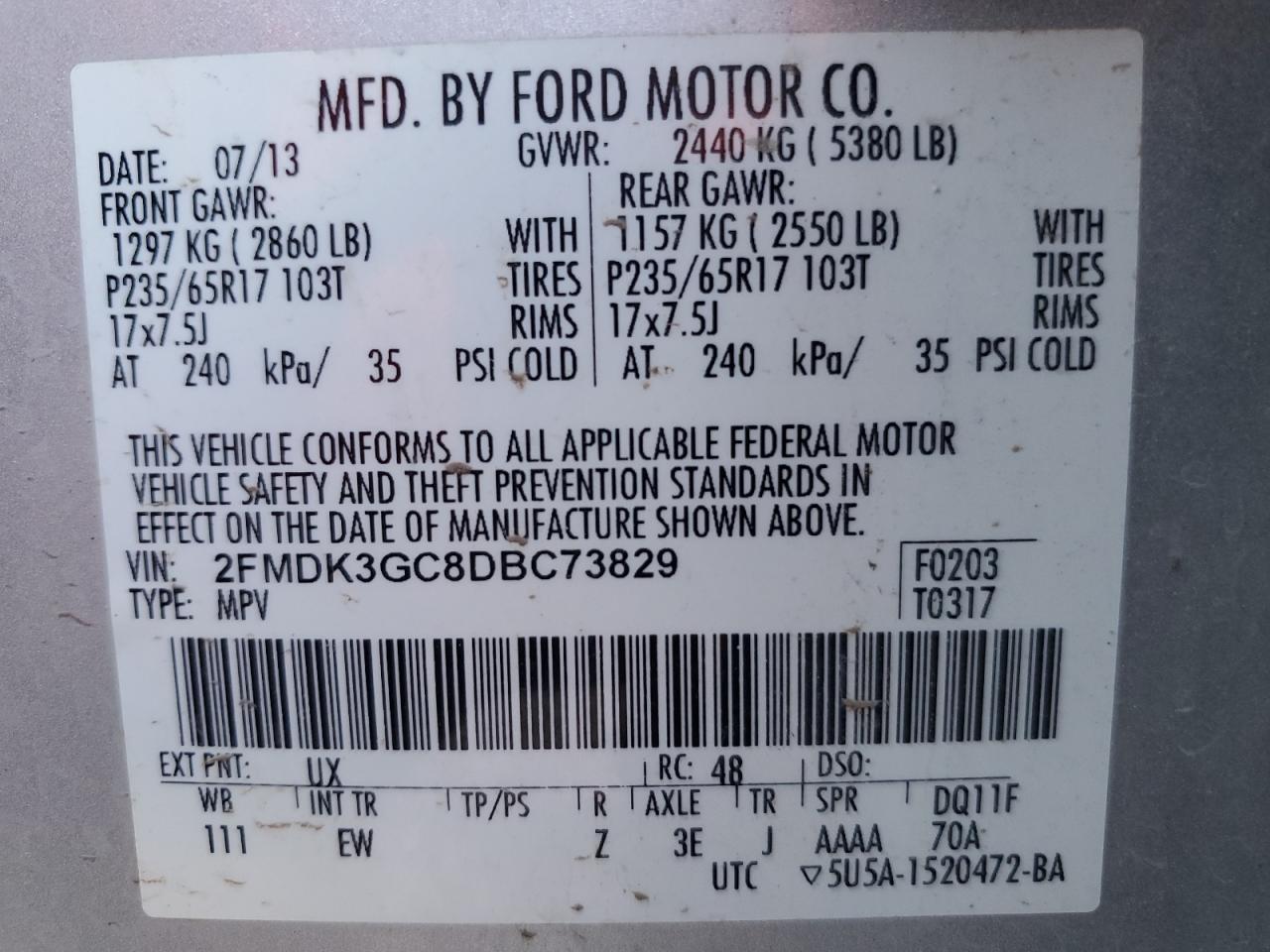 2FMDK3GC8DBC73829 2013 Ford Edge Se