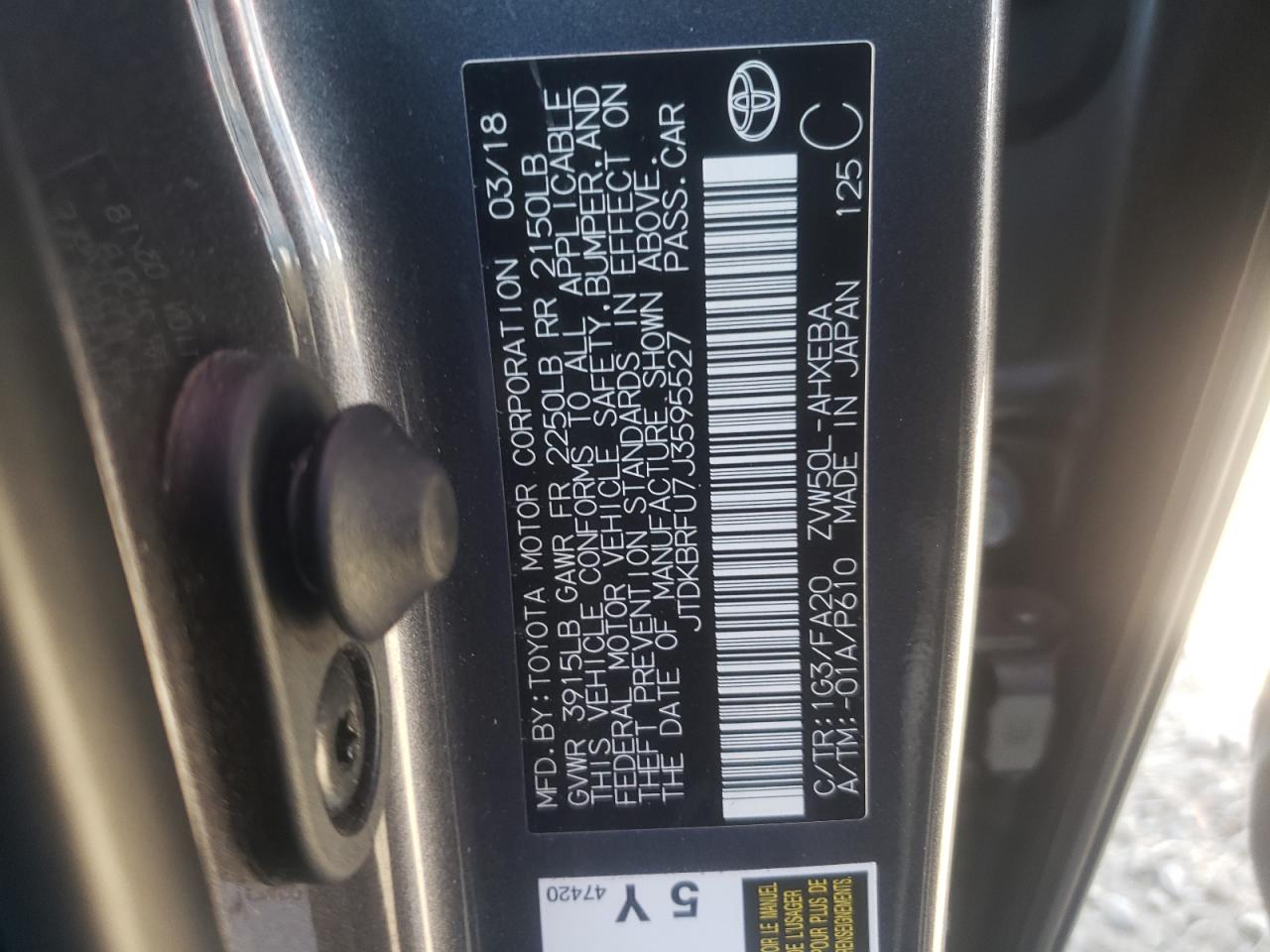 2018 Toyota Prius VIN: JTDKBRFU7J3595527 Lot: 77708284