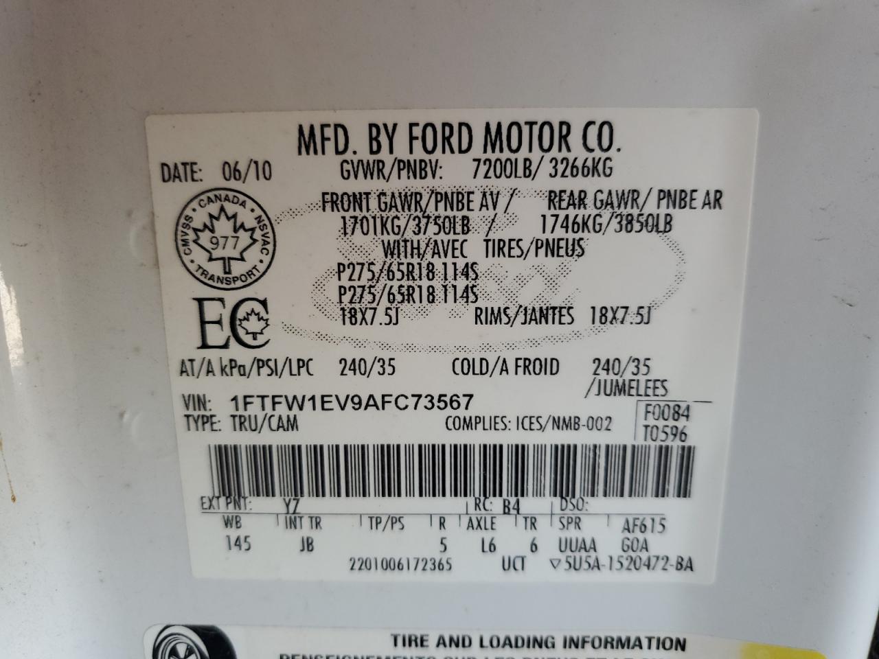 1FTFW1EV9AFC73567 2010 Ford F150 Supercrew