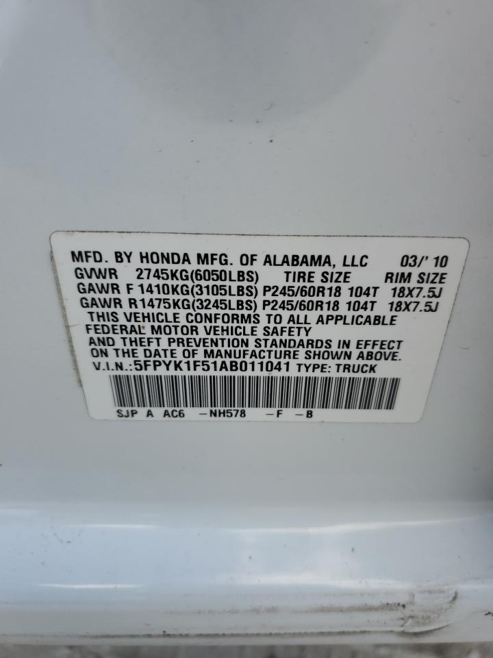 5FPYK1F51AB011041 2010 Honda Ridgeline Rtl