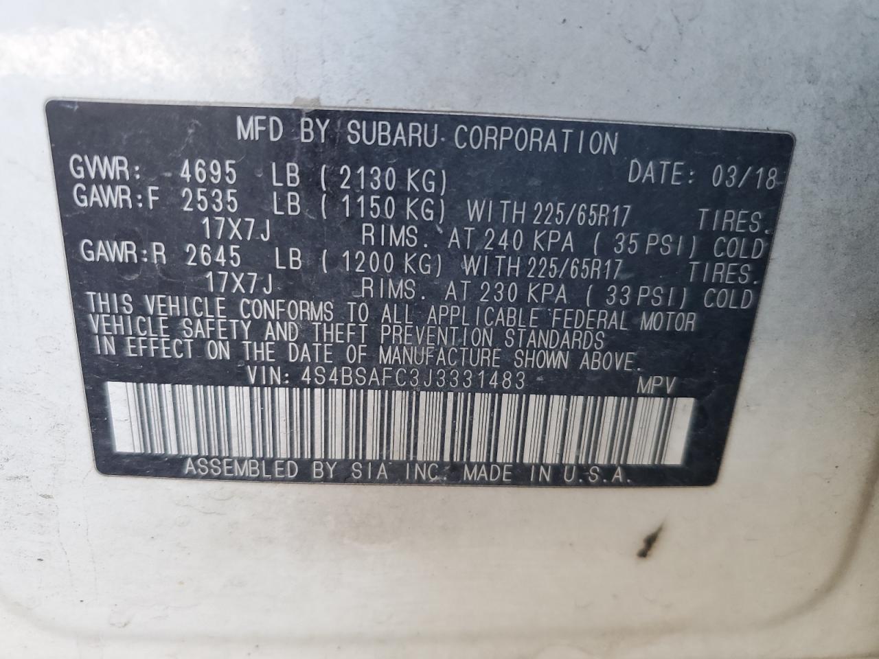 4S4BSAFC3J3331483 2018 Subaru Outback 2.5I Premium