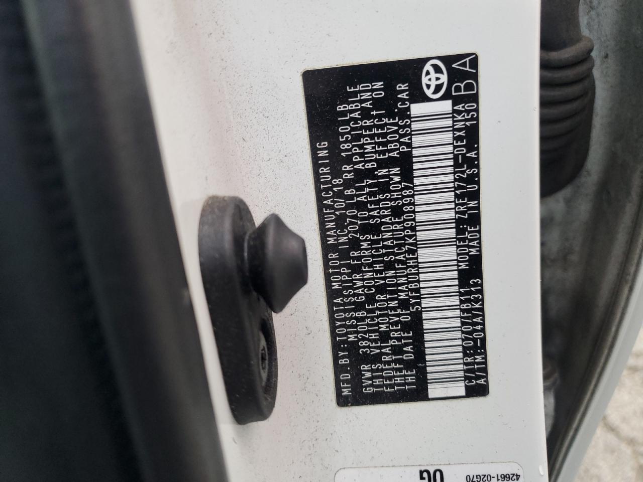 2019 Toyota Corolla L VIN: 5YFBURHE7KP908987 Lot: 76584994