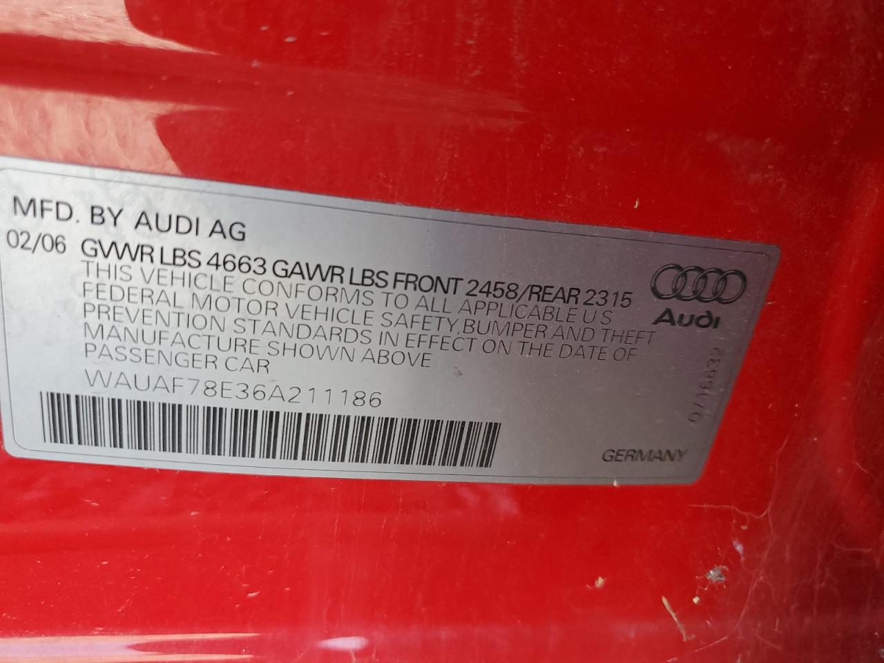 2006 Audi A4 2 Turbo VIN: WAUAF78E36A211186 Lot: 75874414