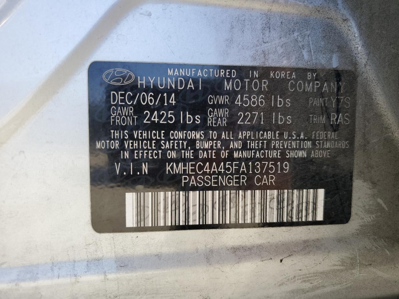 KMHEC4A45FA137519 2015 Hyundai Sonata Hybrid