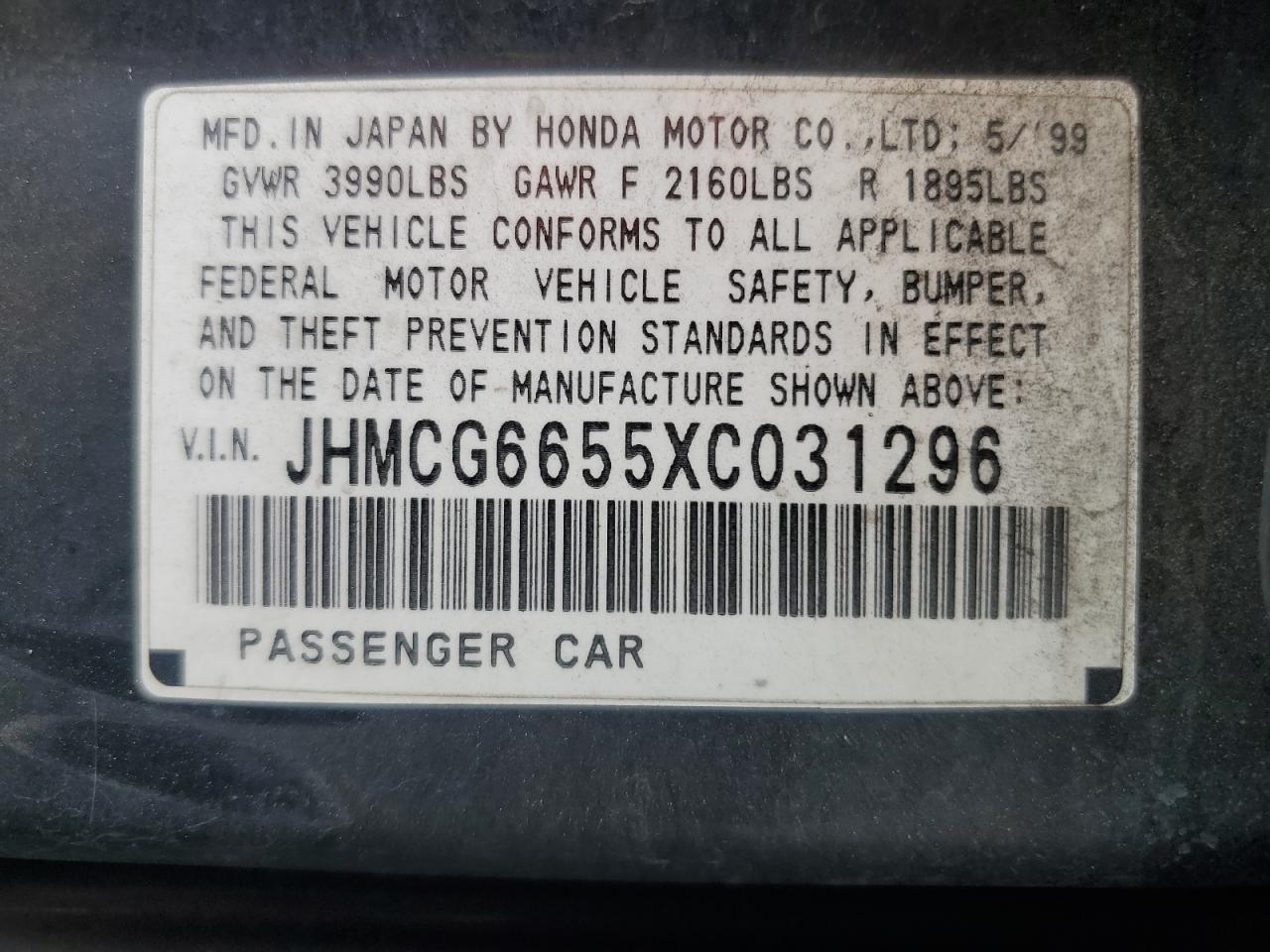 1999 Honda Accord Lx VIN: JHMCG6655XC031296 Lot: 75513534