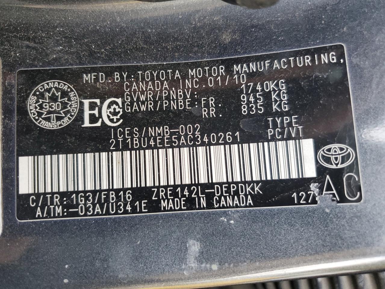 2T1BU4EE5AC340261 2010 Toyota Corolla Base