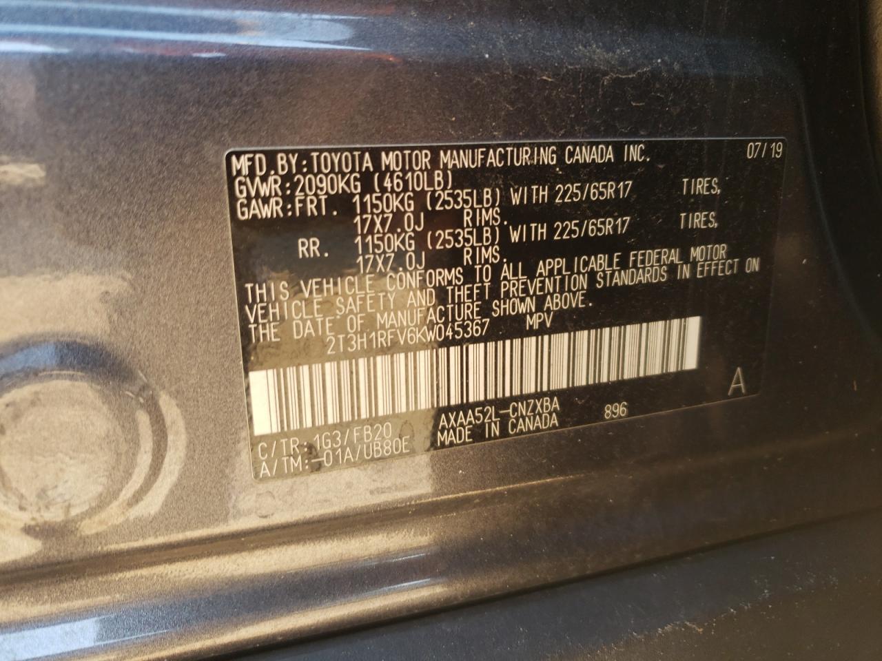 2T3H1RFV6KW045367 2019 Toyota Rav4 Le