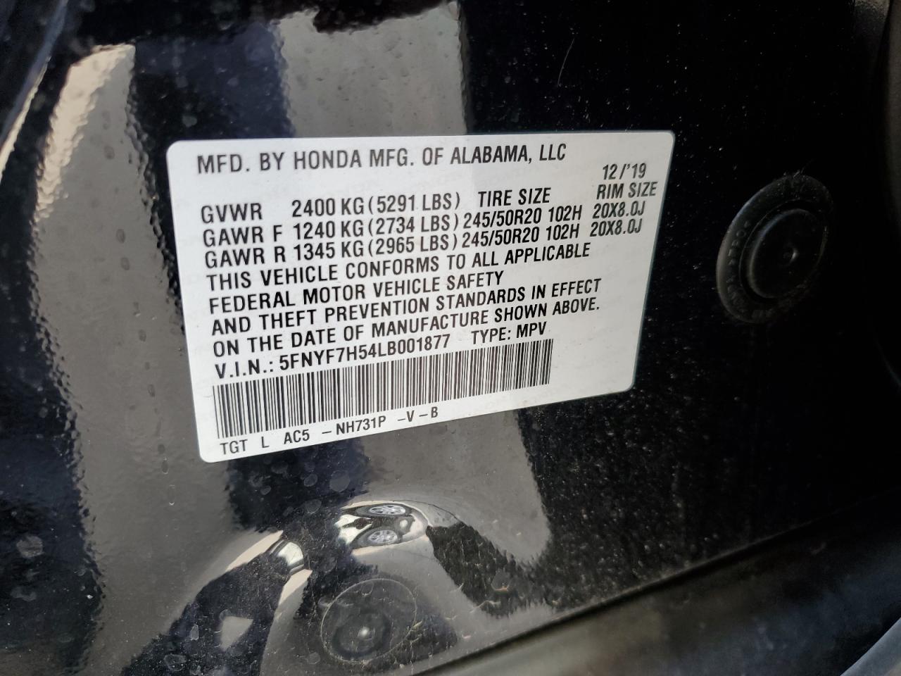 2020 Honda Passport Exl VIN: 5FNYF7H54LB001877 Lot: 78637454