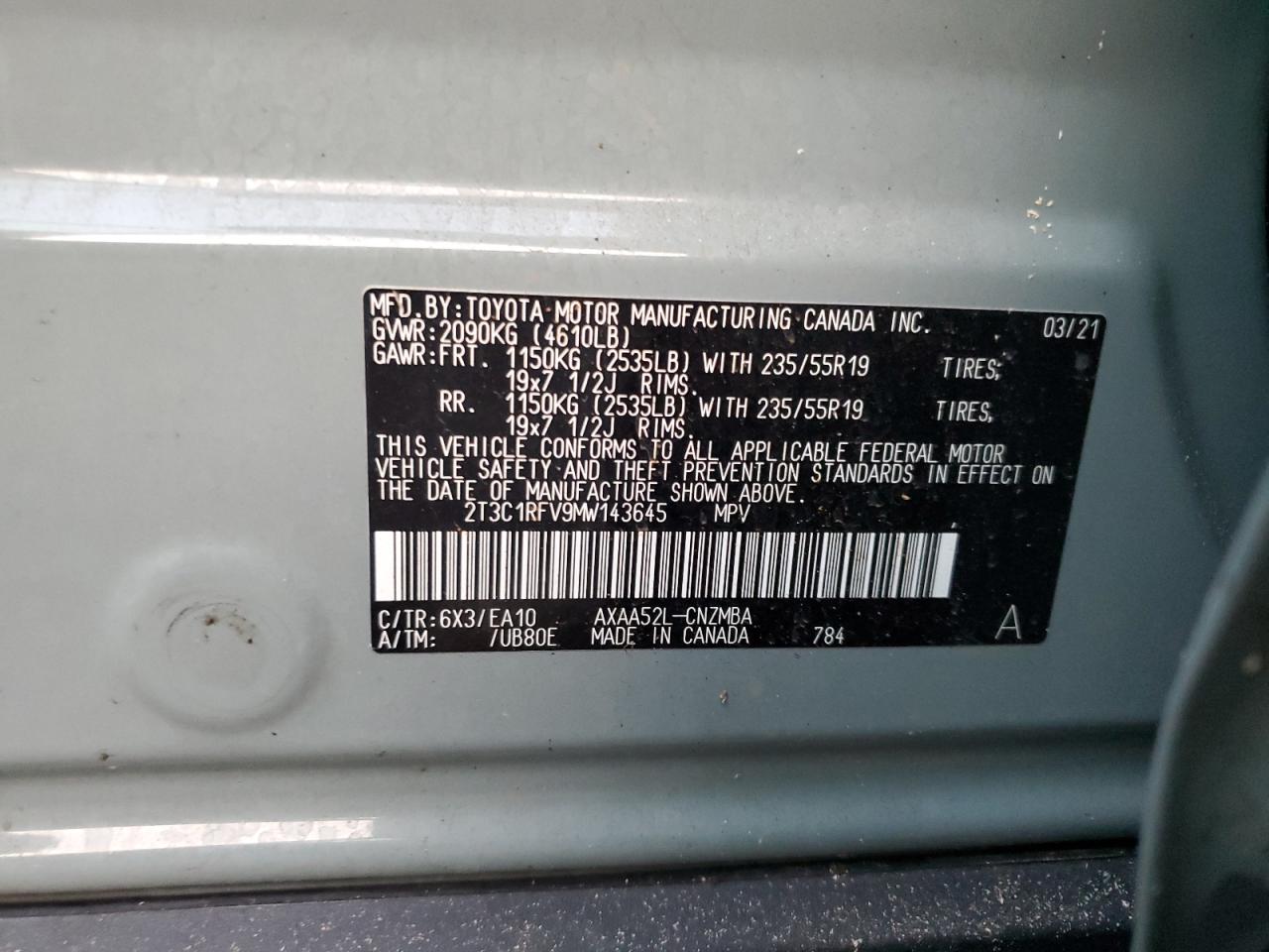 2T3C1RFV9MW143645 2021 Toyota Rav4 Xle Premium