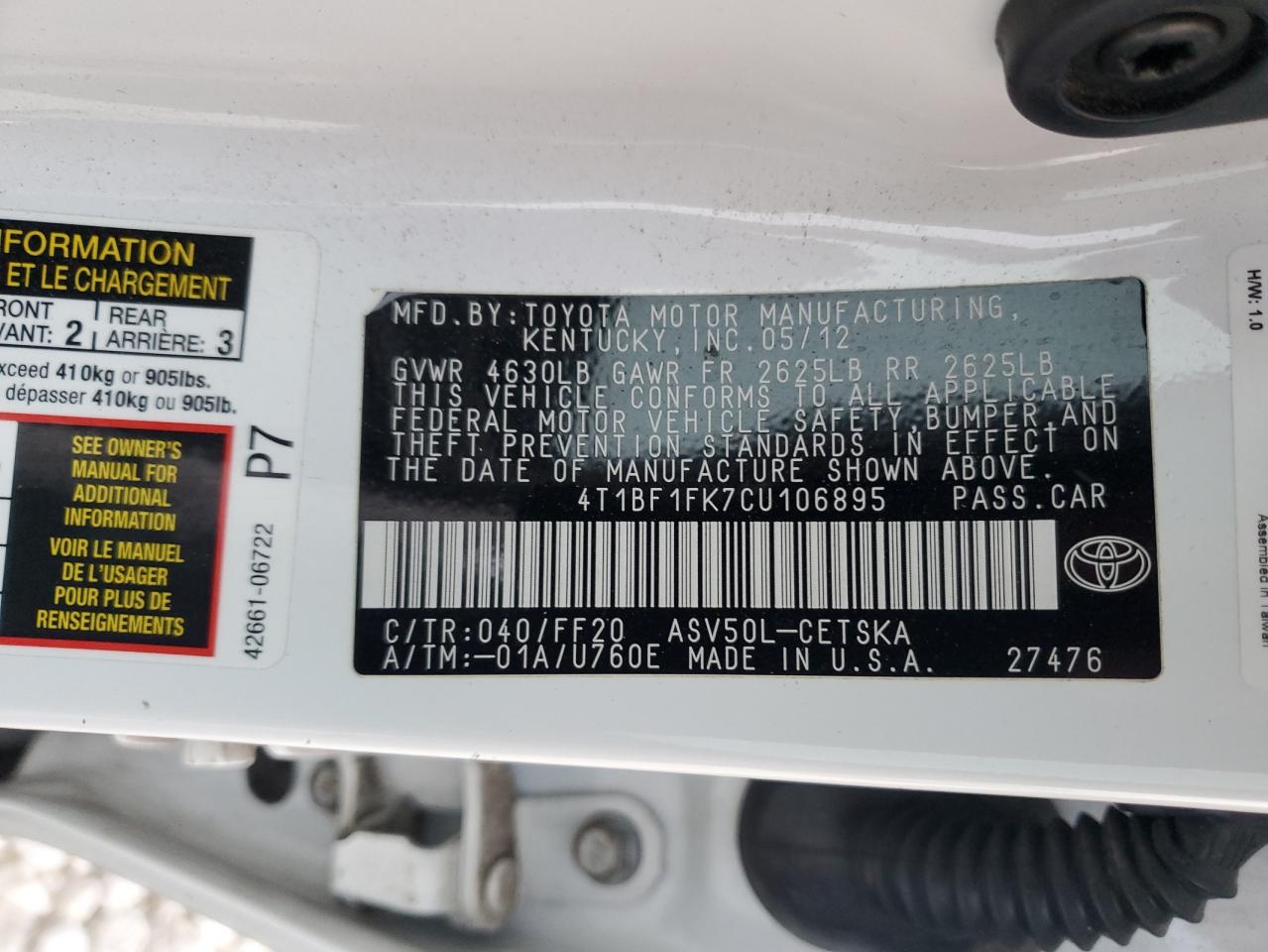 4T1BF1FK7CU106895 2012 Toyota Camry Base