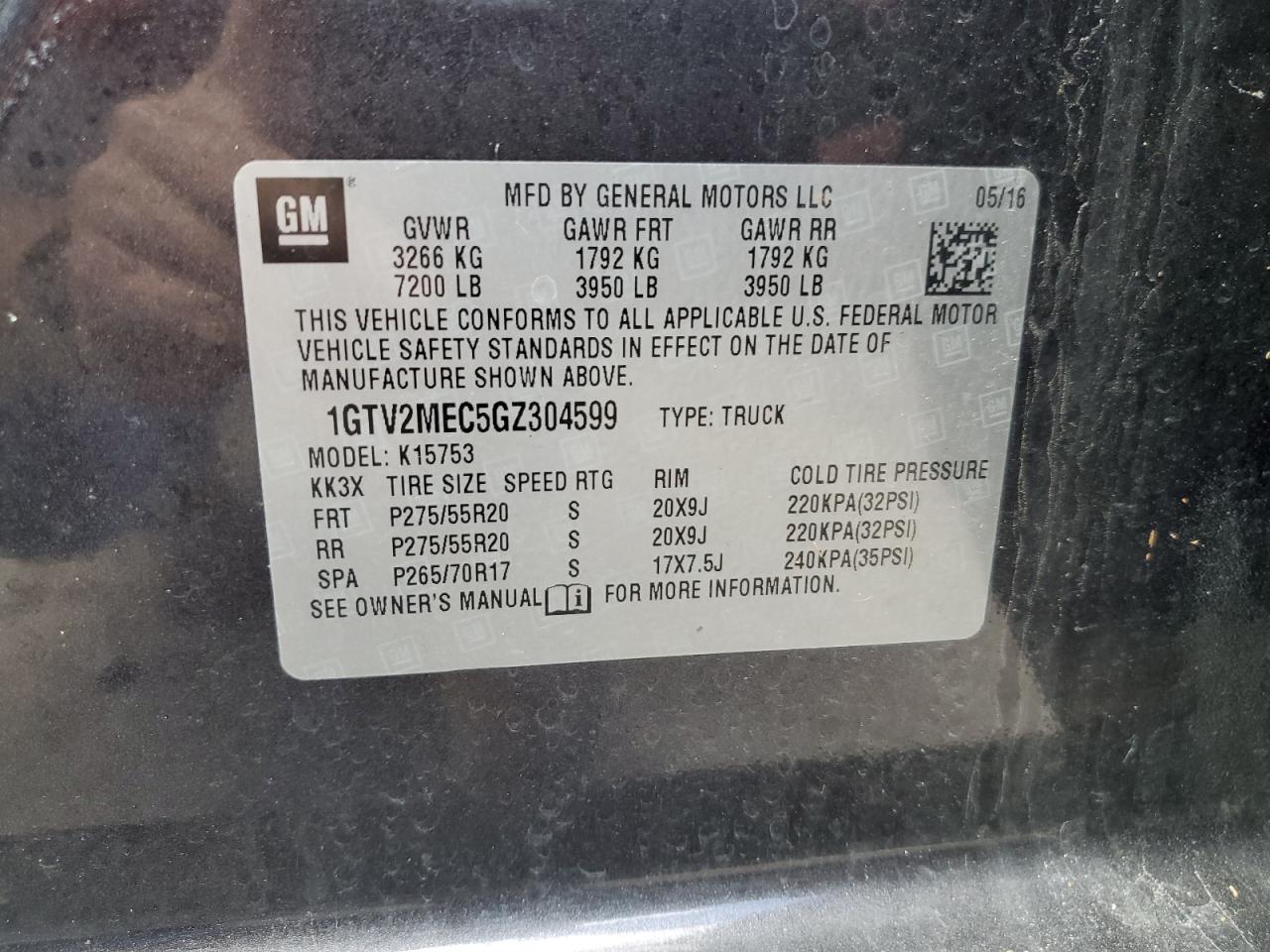 1GTV2MEC5GZ304599 2016 GMC Sierra K1500 Sle