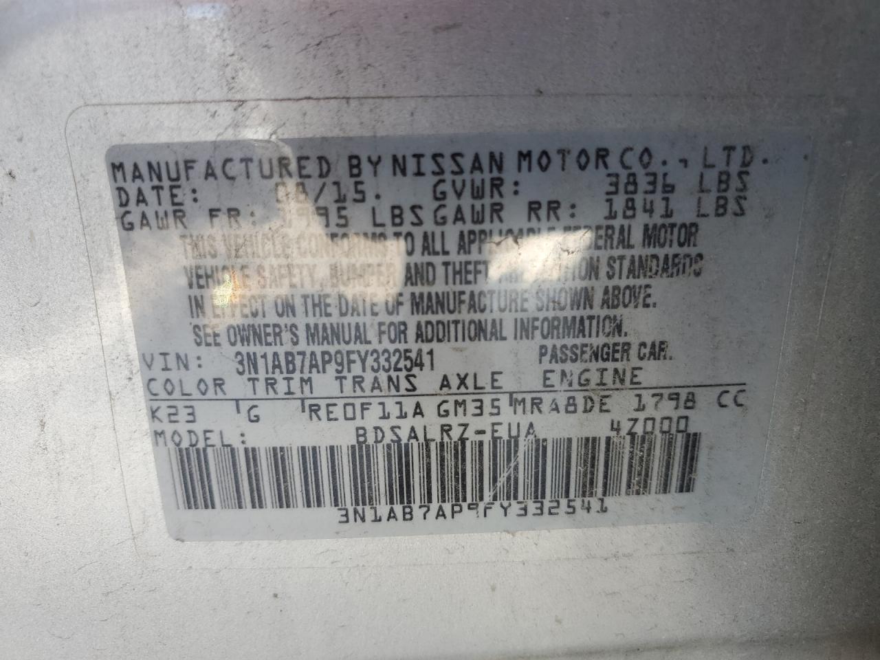 3N1AB7AP9FY332541 2015 Nissan Sentra S