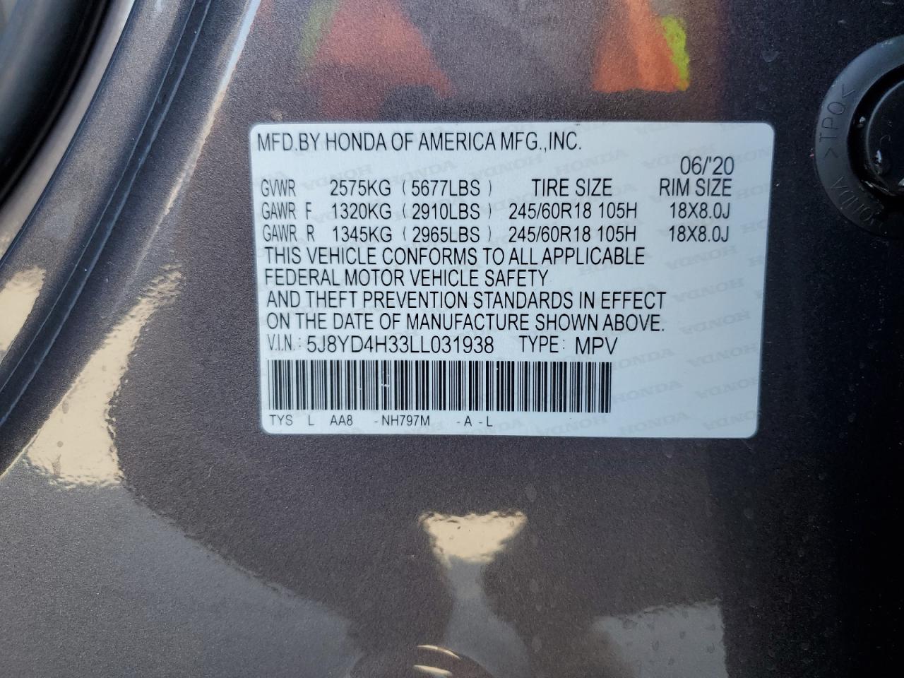 2020 Acura Mdx VIN: 5J8YD4H33LL031938 Lot: 77030274