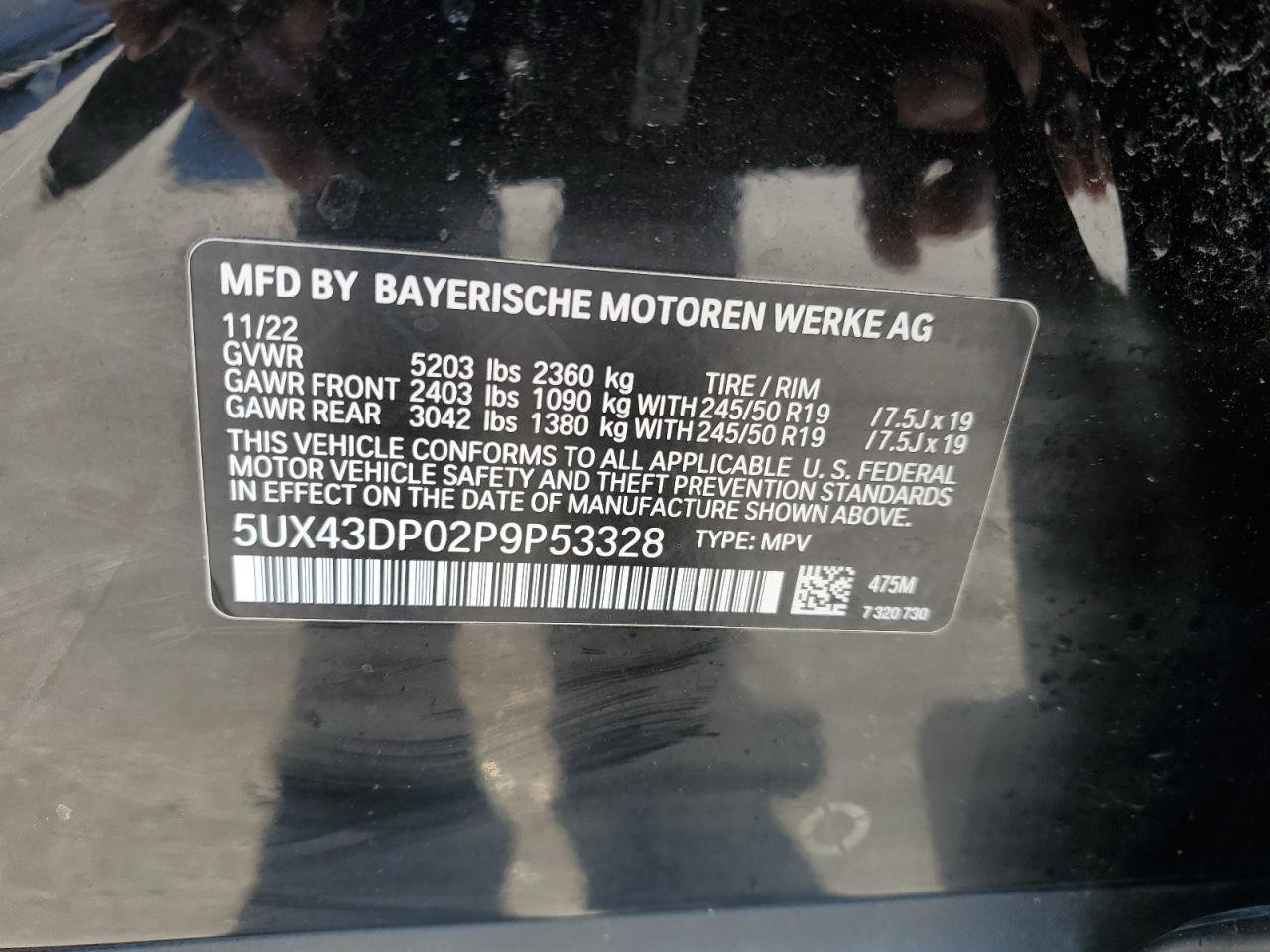 2023 BMW X3 Sdrive30I VIN: 5UX43DP02P9P53328 Lot: 73194814