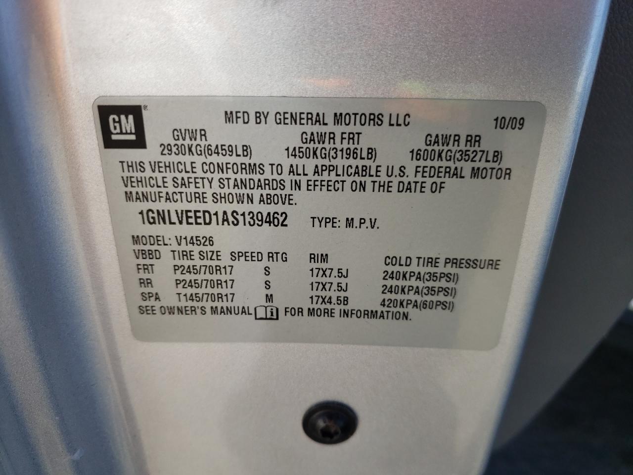 2010 Chevrolet Traverse Ls VIN: 1GNLVEED1AS139462 Lot: 74953094