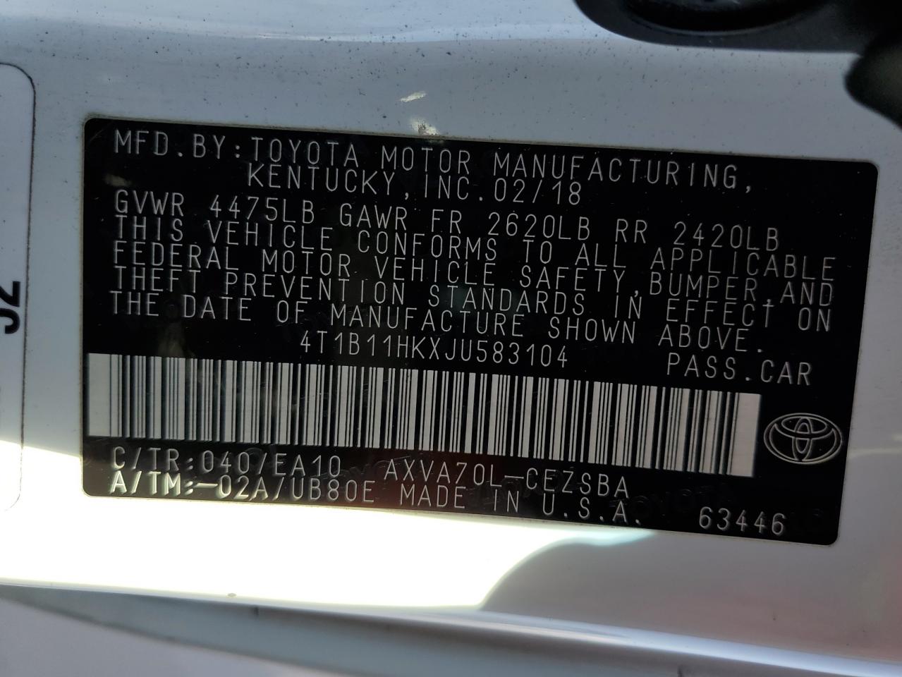 VIN 4T1B11HKXJU583104 2018 TOYOTA CAMRY no.12