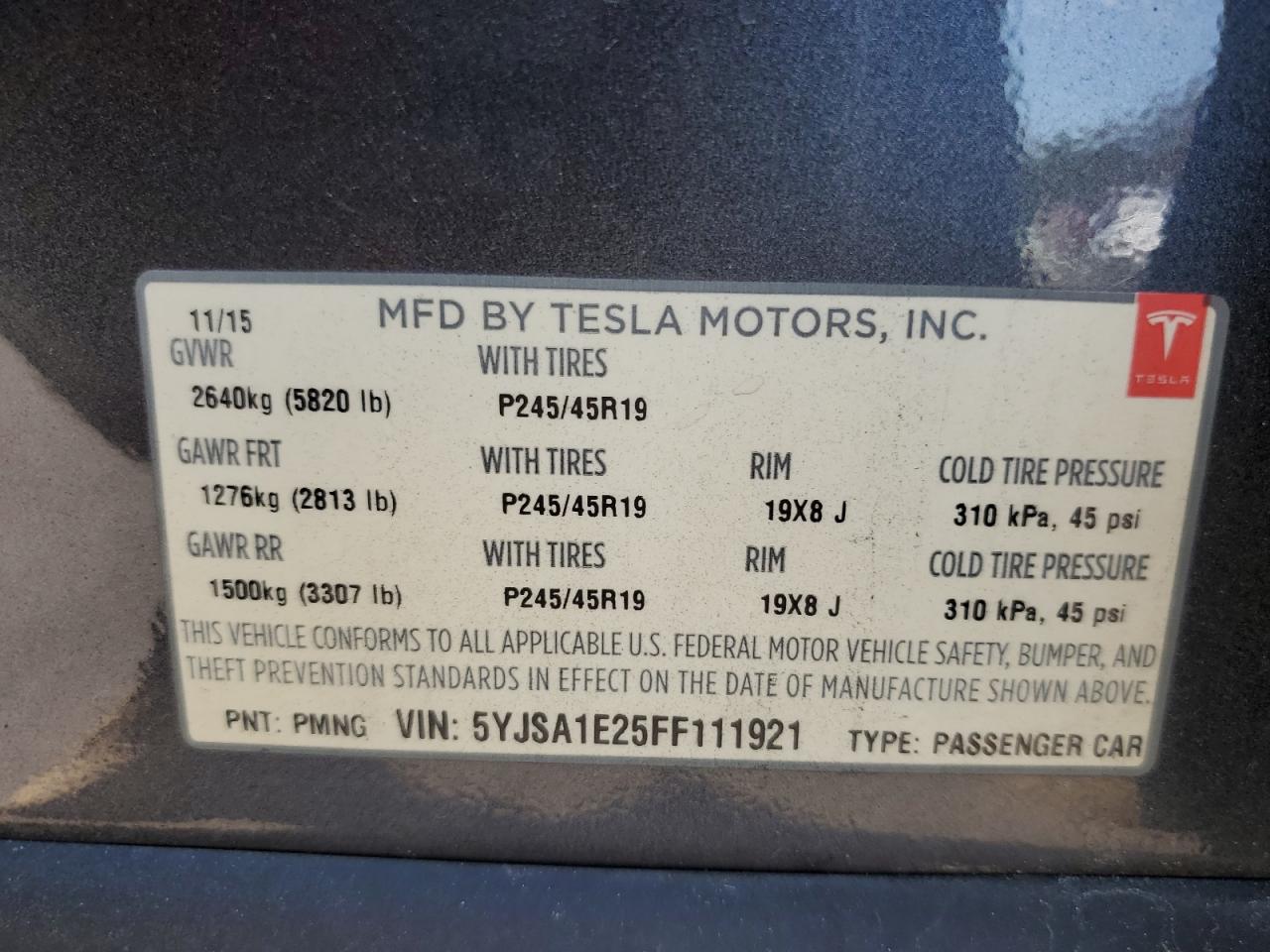 2015 Tesla Model S VIN: 5YJSA1E25FF111921 Lot: 72927844