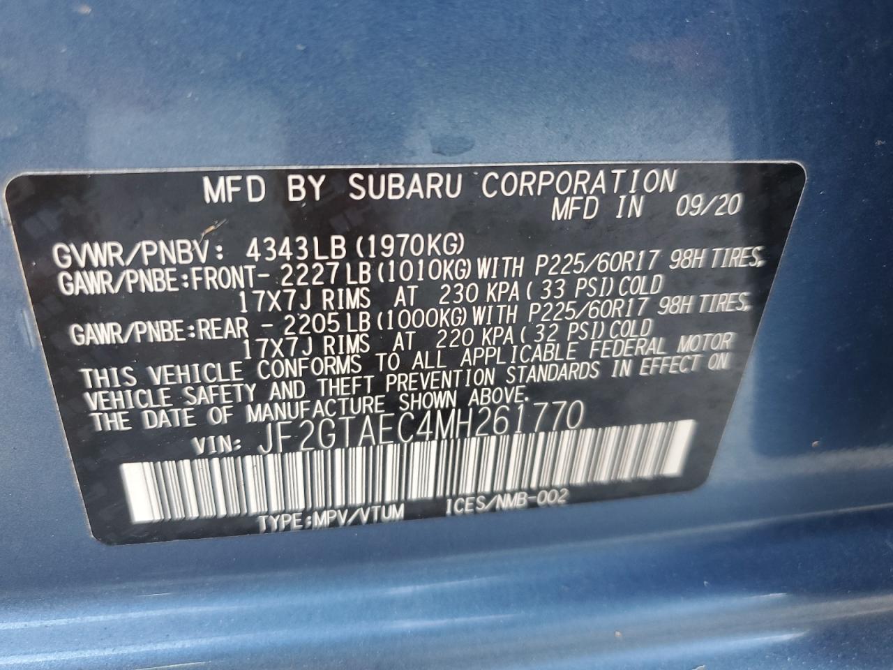 2021 Subaru Crosstrek Premium VIN: JF2GTAEC4MH261770 Lot: 75621664