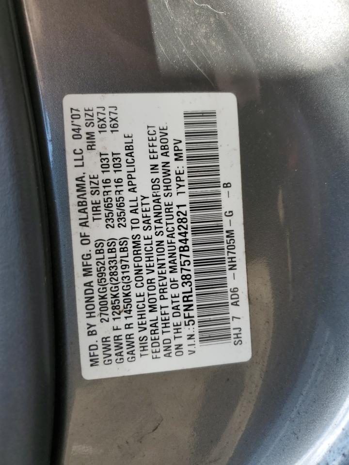 2007 Honda Odyssey Exl VIN: 5FNRL38757B442821 Lot: 75087404