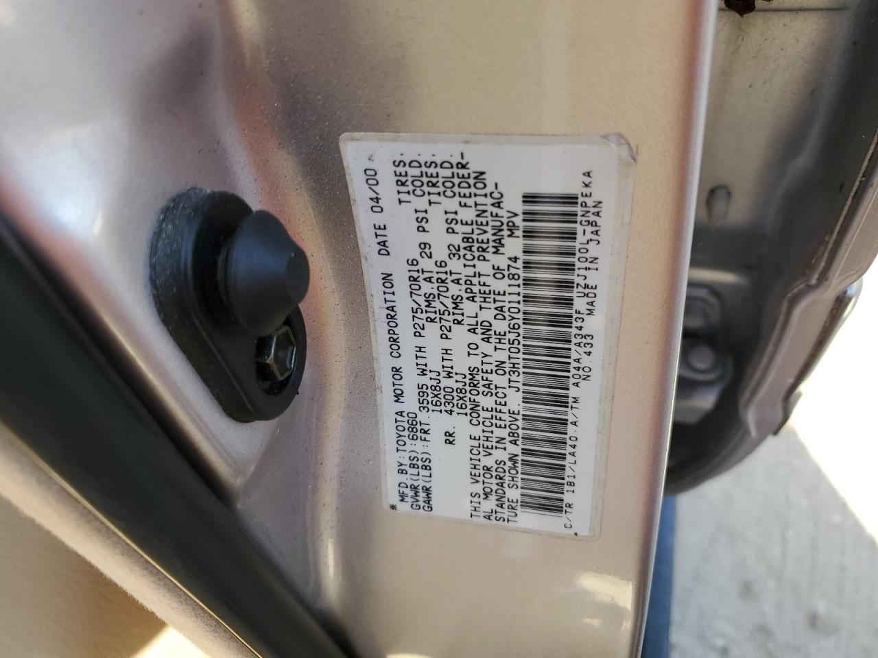 2000 Toyota Land Cruiser VIN: JT3HT05J6Y0111874 Lot: 76756954