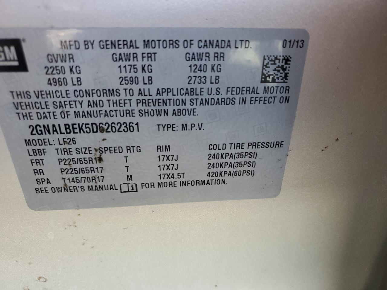 2GNALBEK5D6262361 2013 Chevrolet Equinox Ls