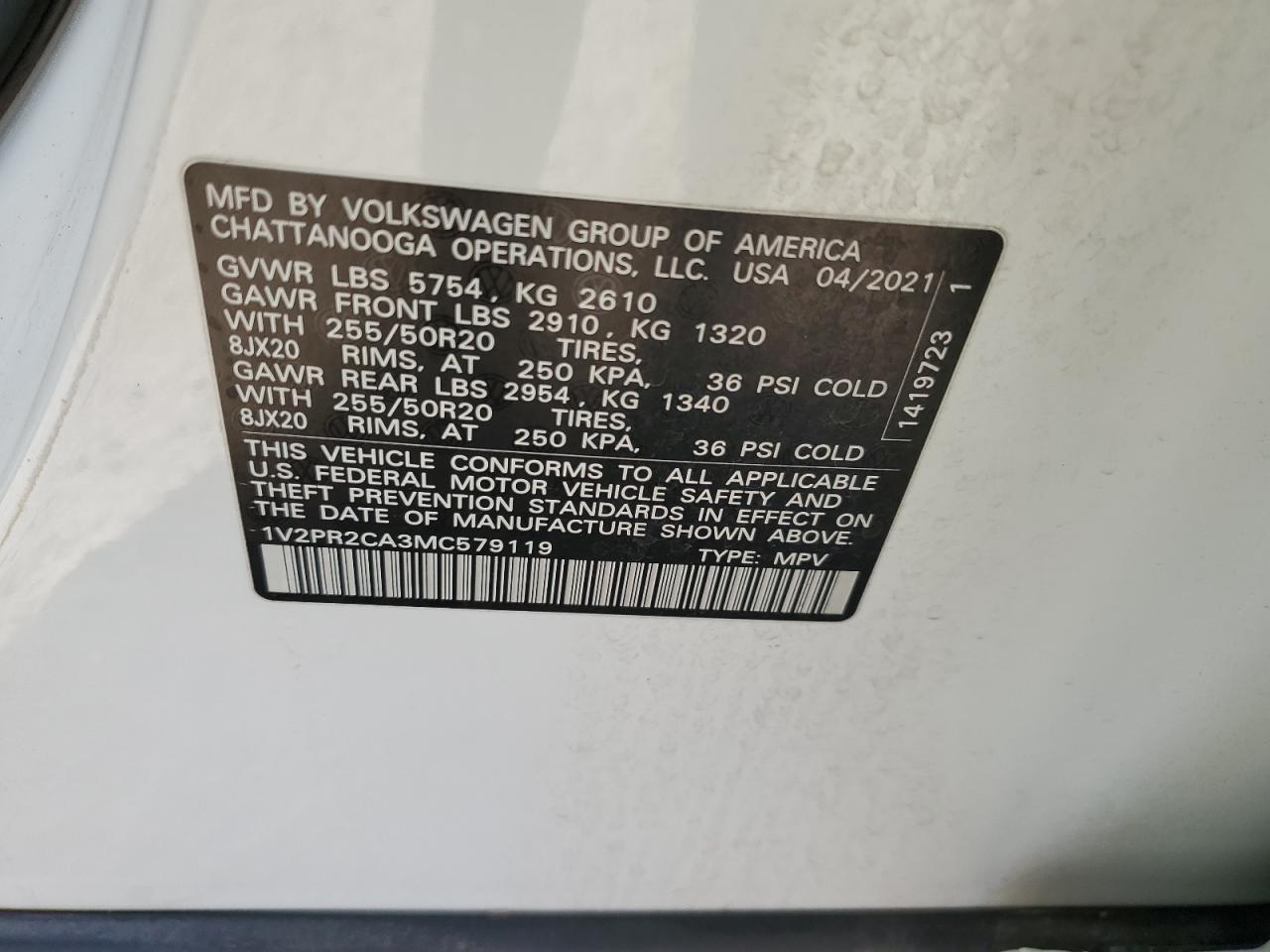 1V2PR2CA3MC579119 2021 Volkswagen Atlas Se