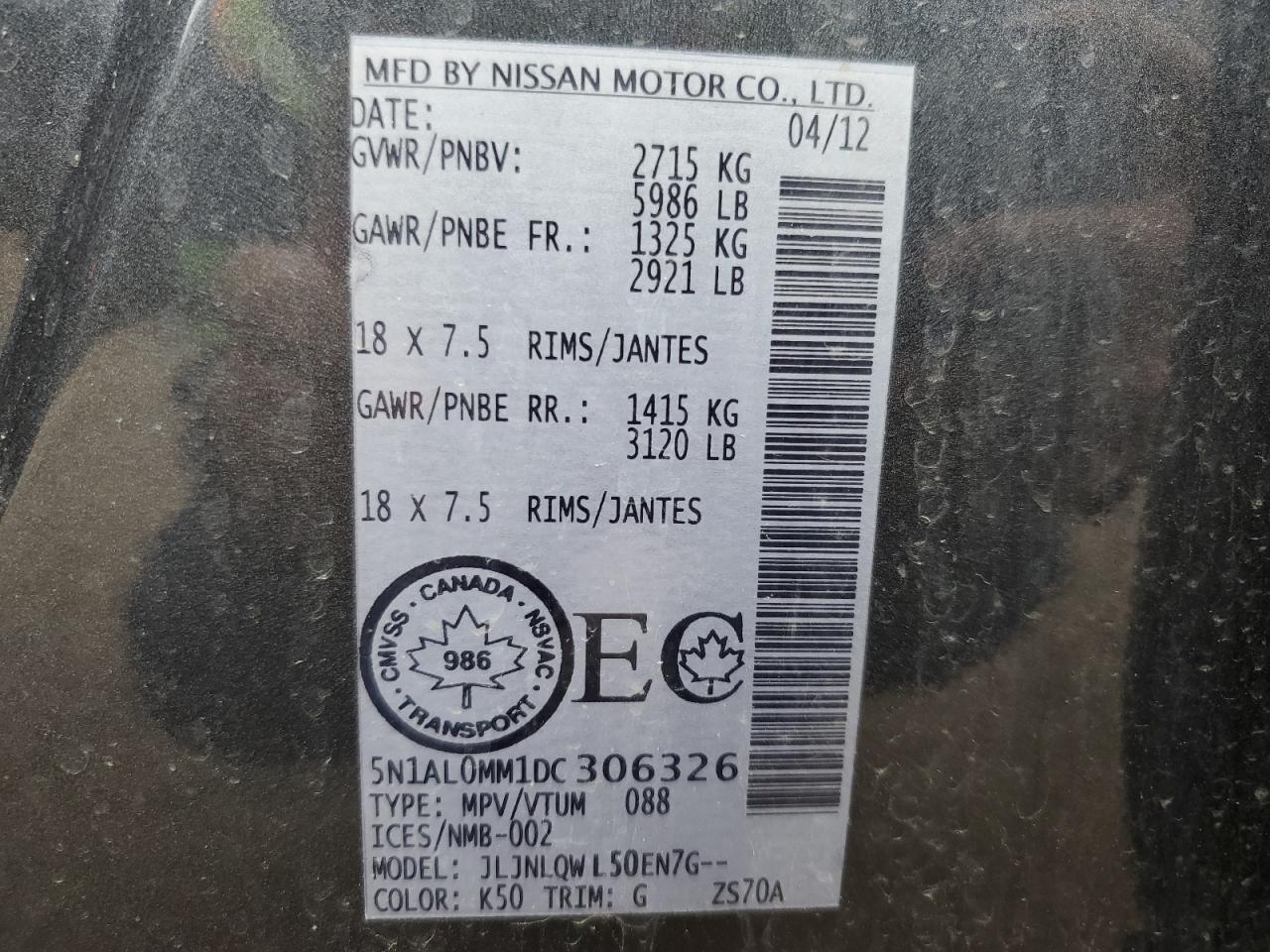 5N1AL0MM1DC306326 2013 Infiniti Jx35