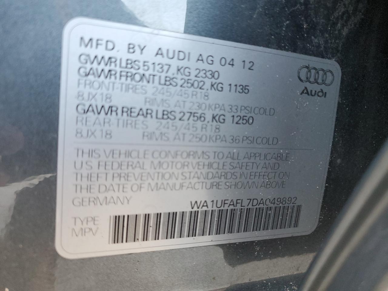 2013 Audi A4 Allroad Premium Plus VIN: WA1UFAFL7DA049892 Lot: 75083764