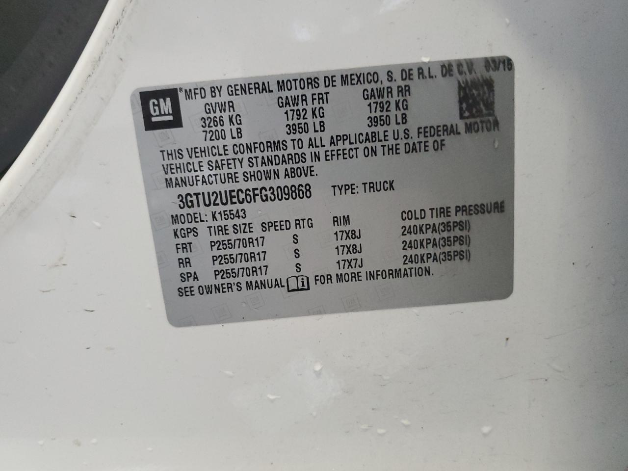 3GTU2UEC6FG309868 2015 GMC Sierra K1500 Sle