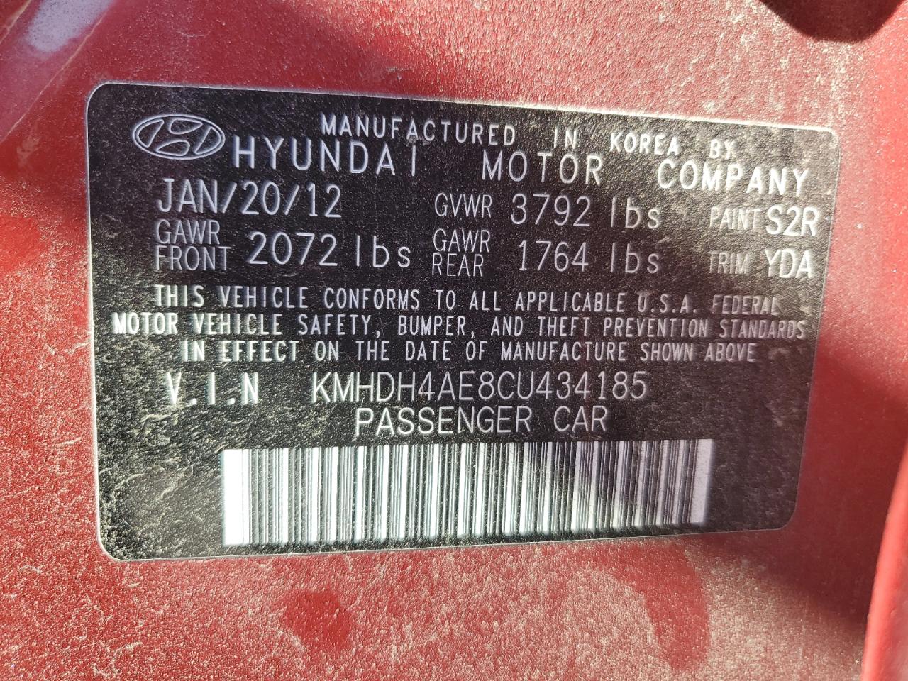 2012 Hyundai Elantra Gls VIN: KMHDH4AE8CU434185 Lot: 76472464