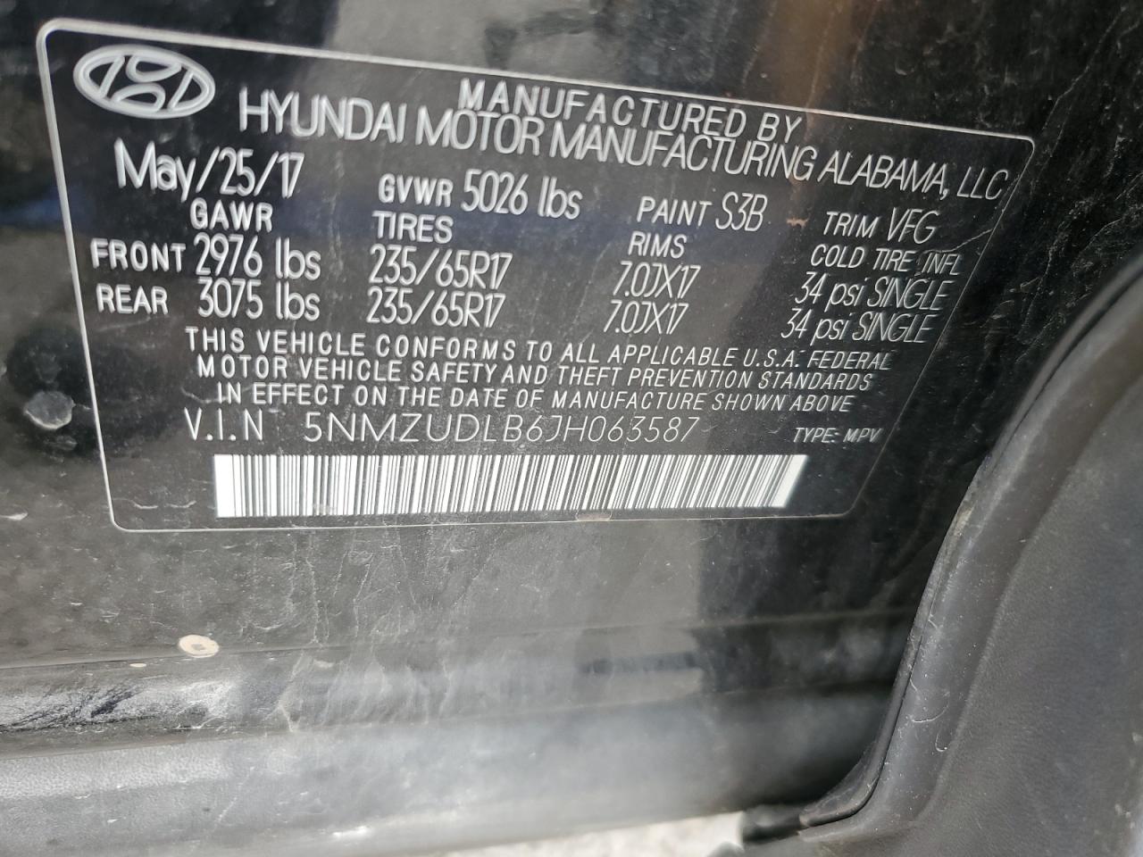 5NMZUDLB6JH063587 2018 Hyundai Santa Fe Sport