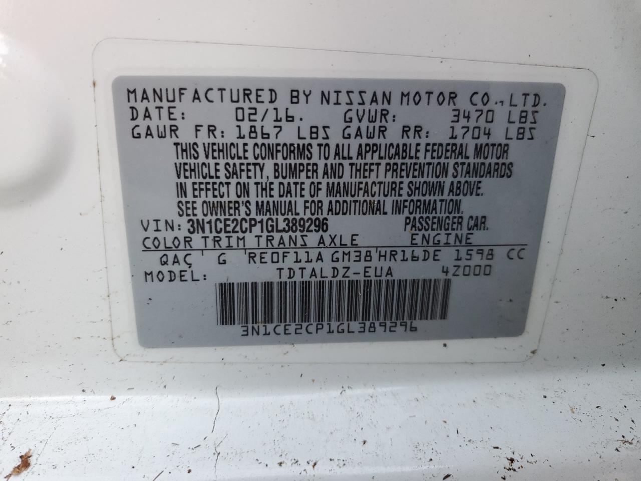 3N1CE2CP1GL389296 2016 Nissan Versa Note S