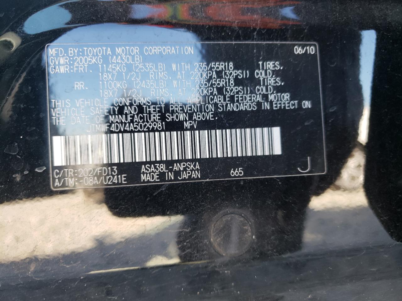 2010 Toyota Rav4 Sport VIN: JTMWF4DV4A5029981 Lot: 76228324