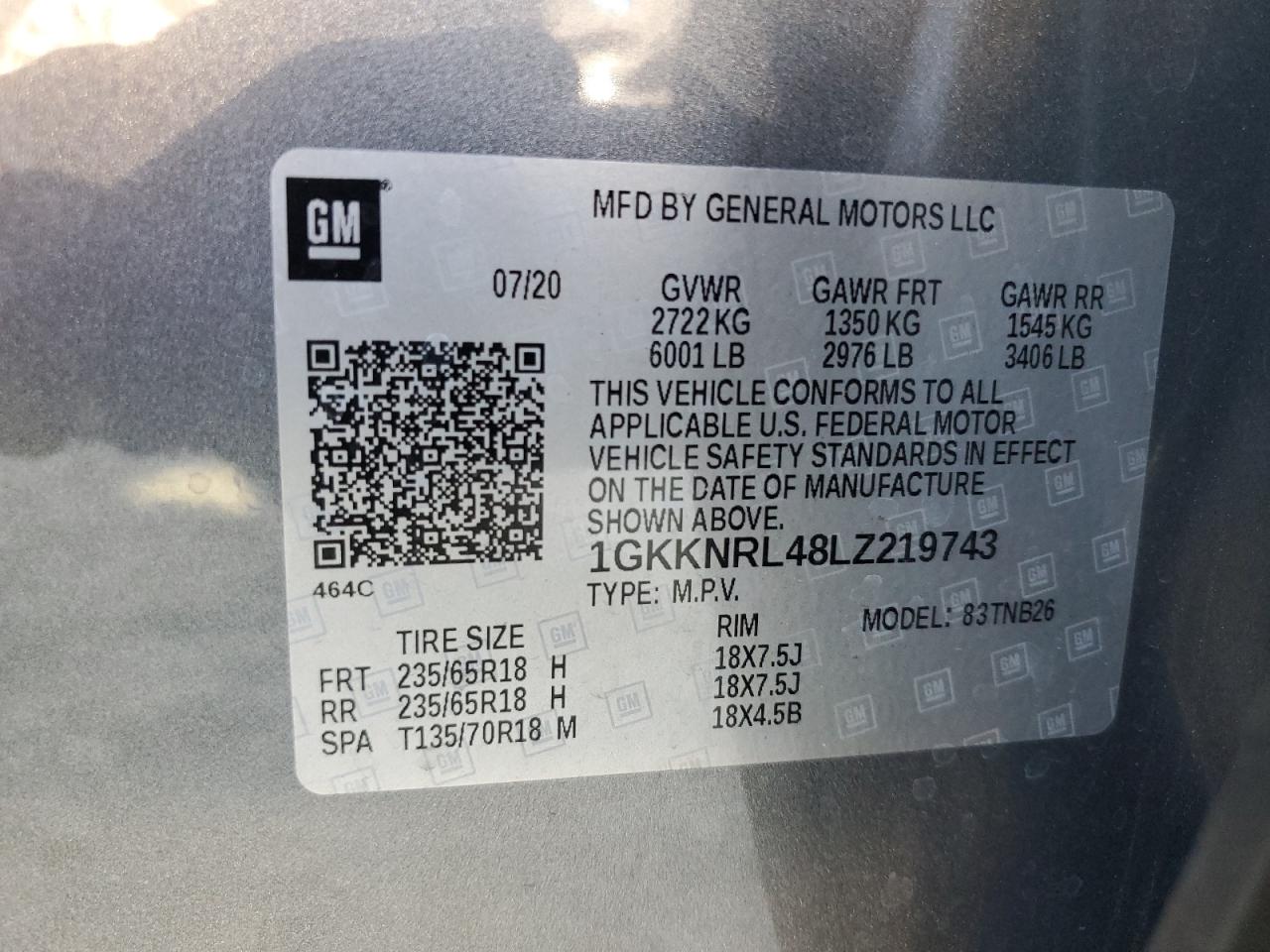 1GKKNRL48LZ219743 2020 GMC Acadia Sle