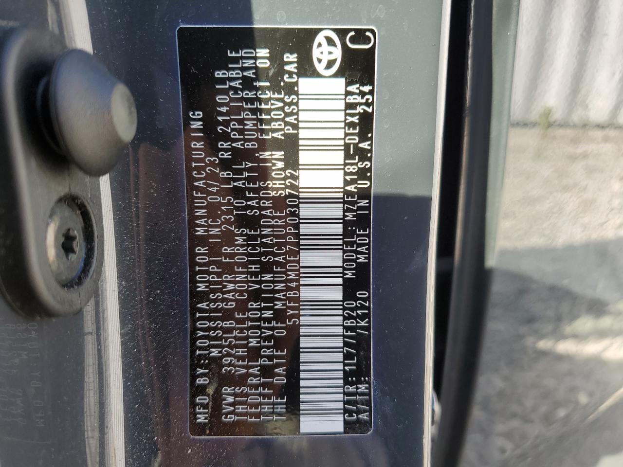 2023 Toyota Corolla Le VIN: 5YFB4MDE7PP030722 Lot: 77880604