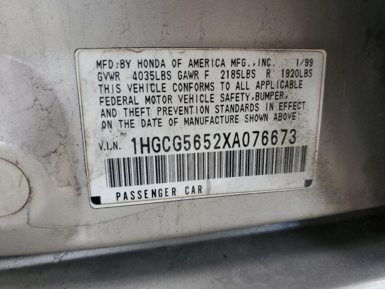 1HGCG5652XA076673 1999 Honda Accord Ex