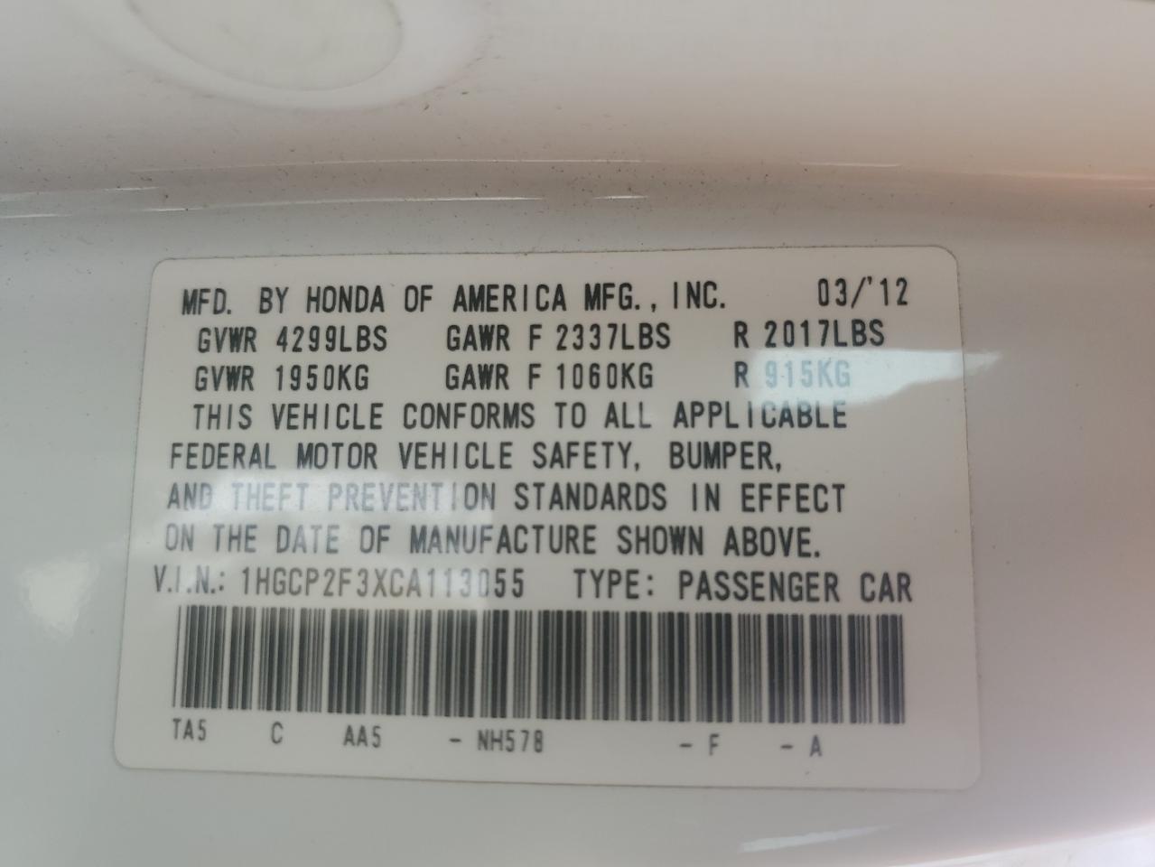 1HGCP2F3XCA113055 2012 Honda Accord Lx