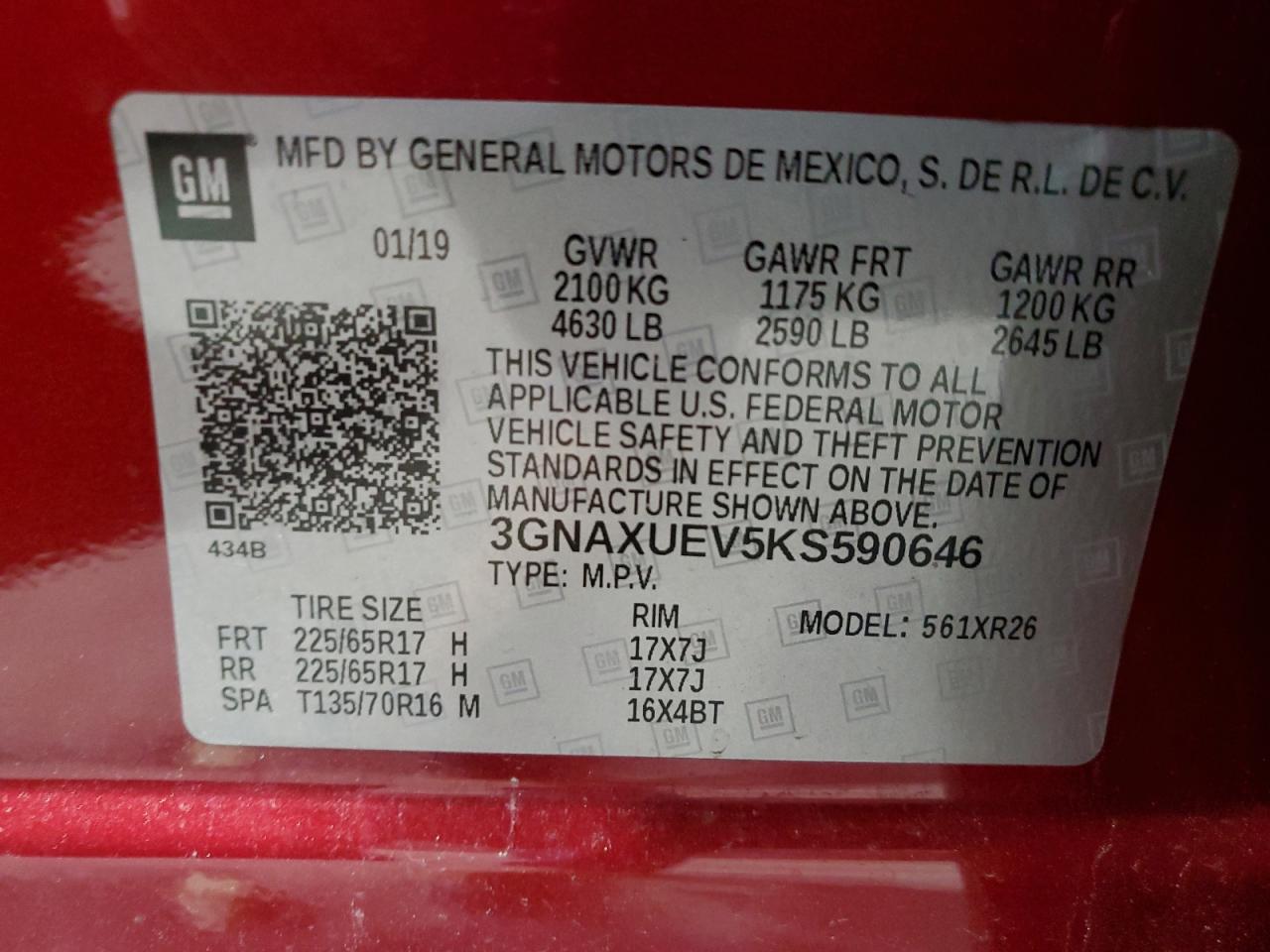 3GNAXUEV5KS590646 2019 Chevrolet Equinox Lt