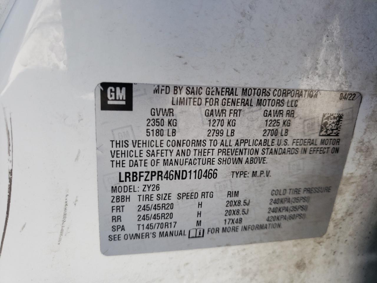 LRBFZPR46ND110466 2022 Buick Envision Essence