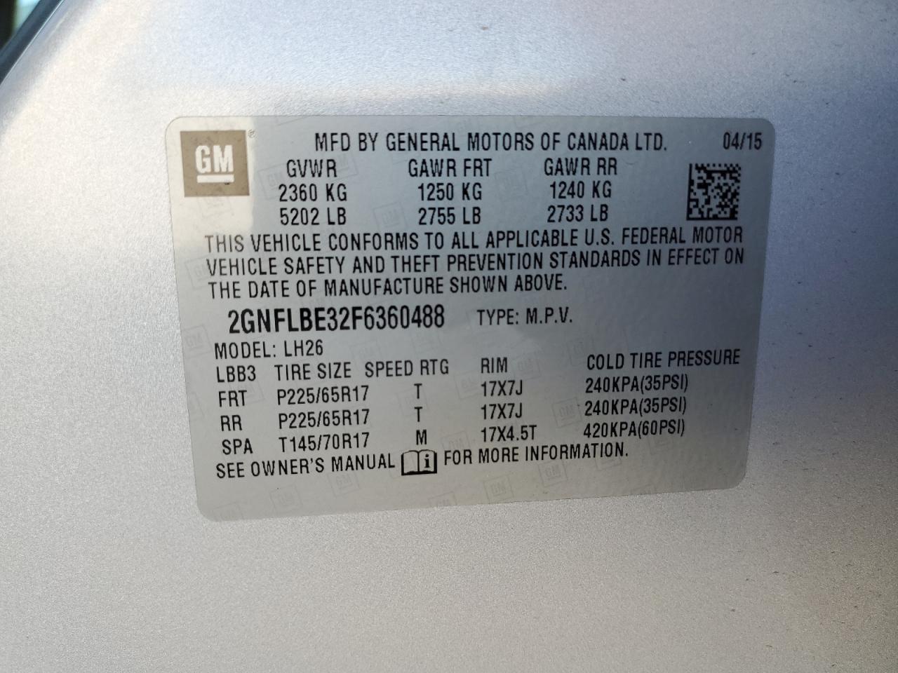 2GNFLBE32F6360488 2015 Chevrolet Equinox Lt