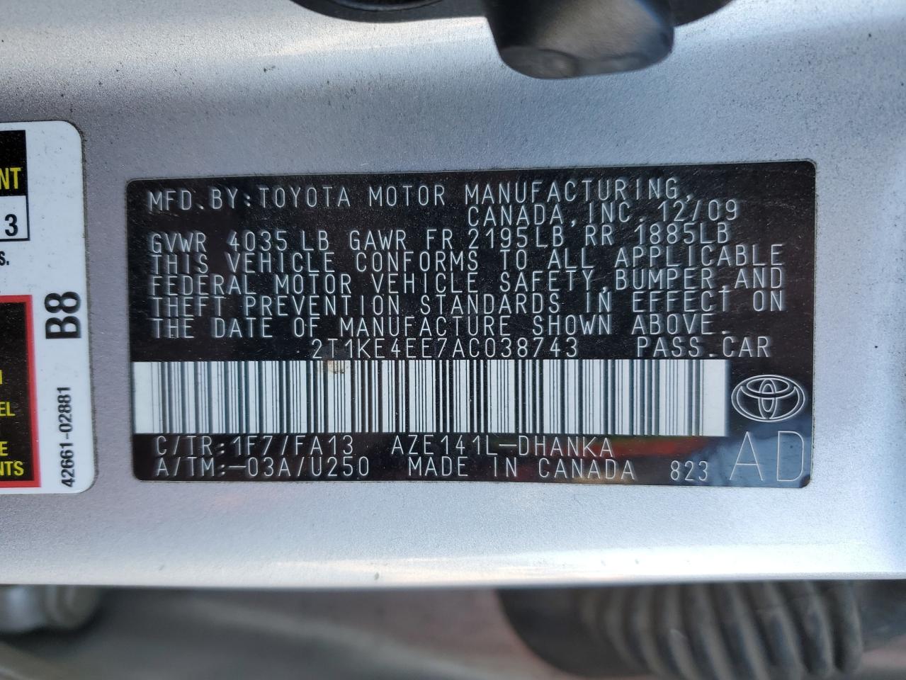 2T1KE4EE7AC038743 2010 Toyota Corolla Matrix S