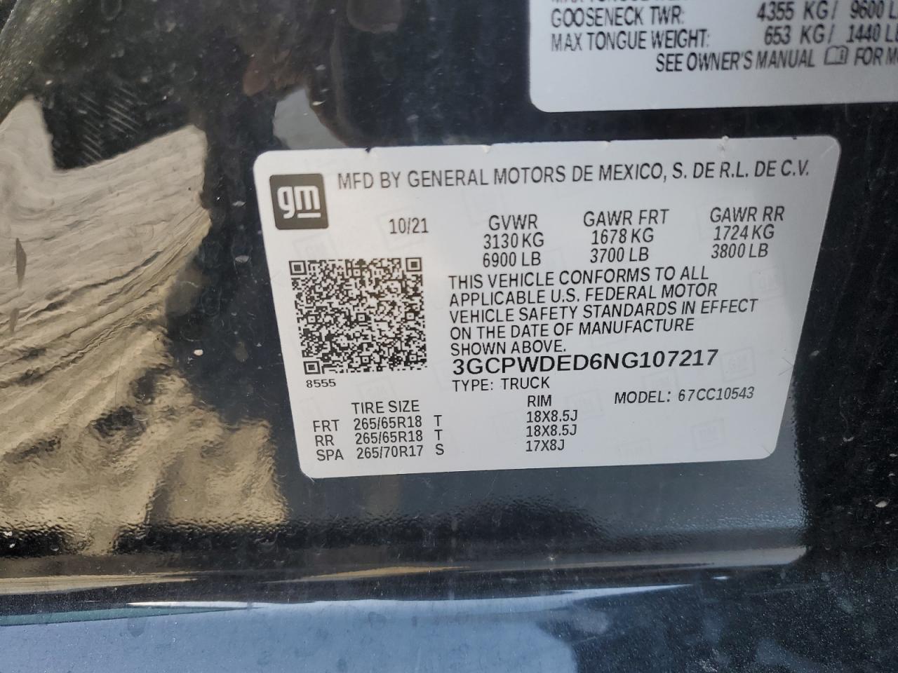 2022 Chevrolet Silverado Ltd C1500 Rst VIN: 3GCPWDED6NG107217 Lot: 74863784