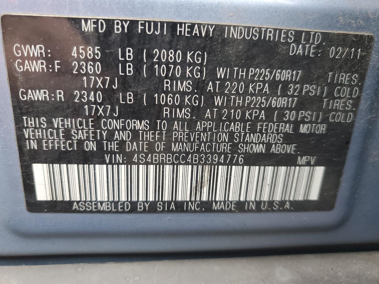 2011 Subaru Outback 2.5I Premium VIN: 4S4BRBCC4B3394776 Lot: 76953524