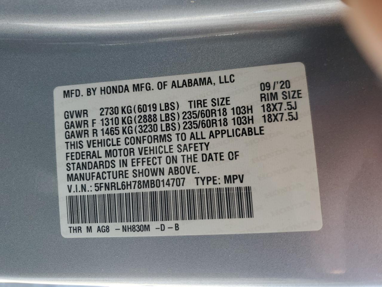 2021 Honda Odyssey Exl VIN: 5FNRL6H78MB014707 Lot: 76794064