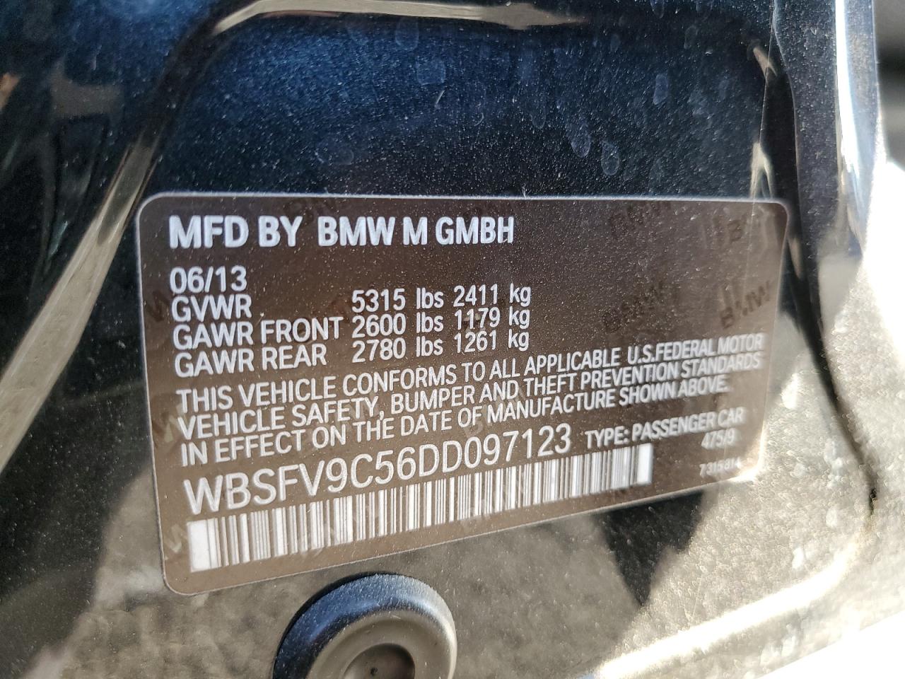 2013 BMW M5 VIN: WBSFV9C56DD097123 Lot: 75357884