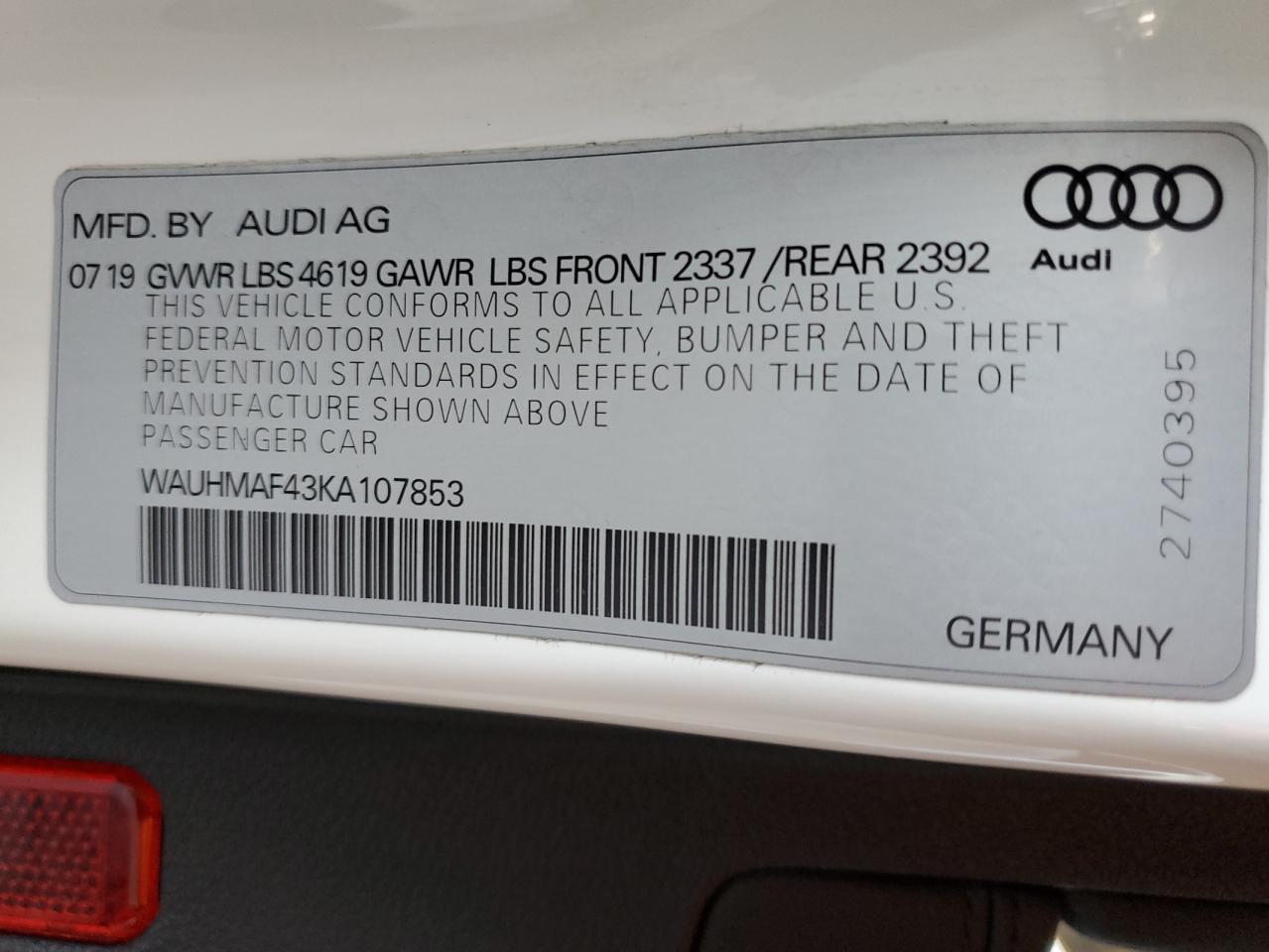 2019 Audi A4 Premium Plus VIN: WAUHMAF43KA107853 Lot: 75199544