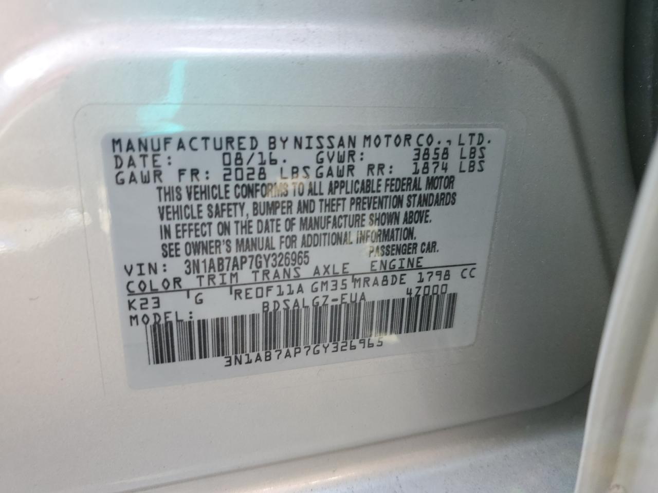 3N1AB7AP7GY326965 2016 Nissan Sentra S