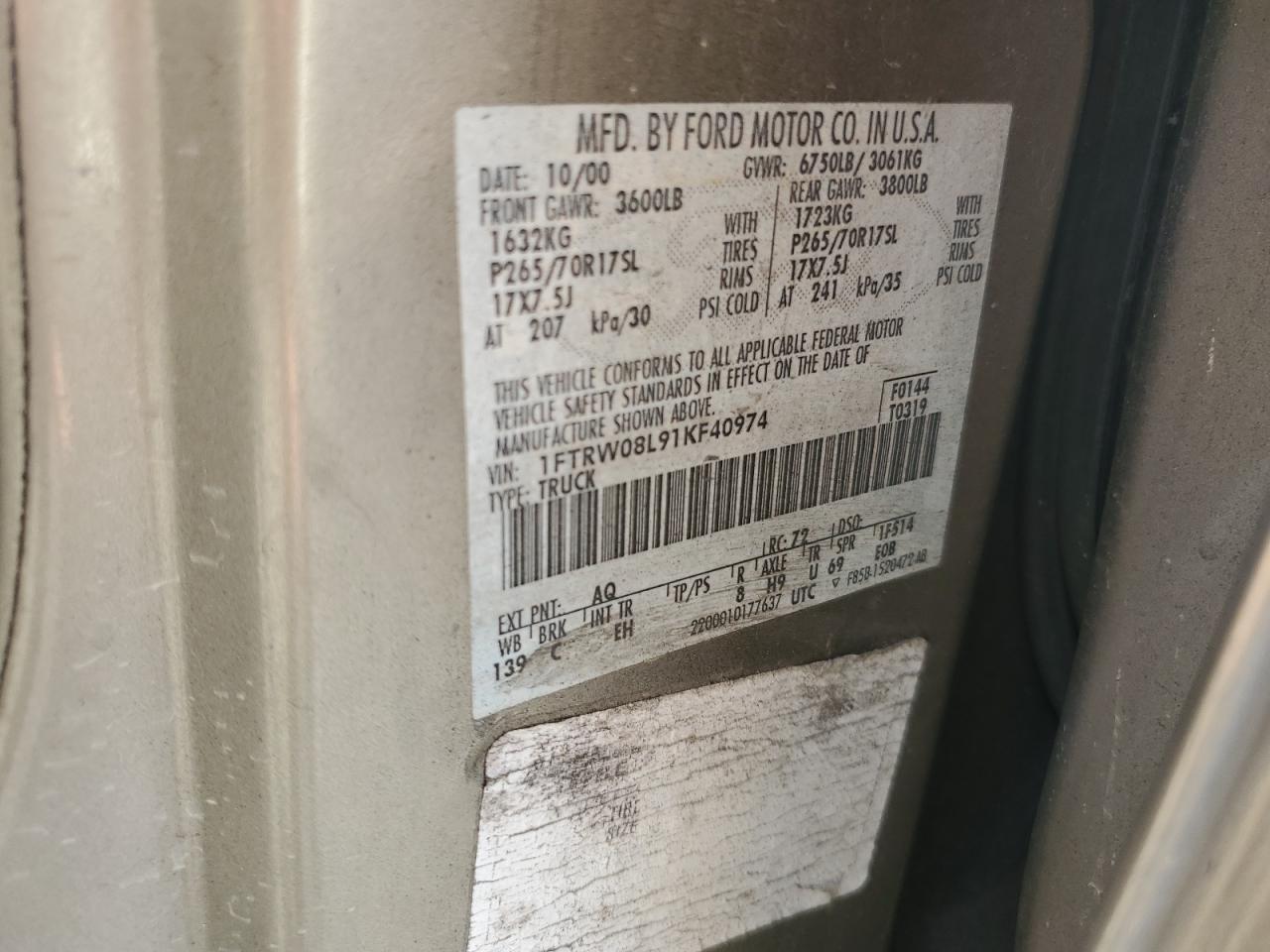 2001 Ford F150 Supercrew VIN: 1FTRW08L91KF40974 Lot: 78404124